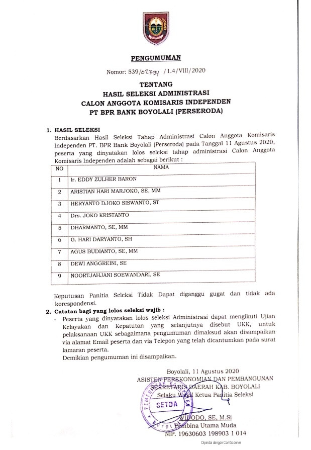HASIL SELEKSI ADMINSTRASI CALON ANGGOTA KOMISARIS INDEPENDEN PT. BPR BANK BOYOLALI ( PERSERODA ) KABUPATEN BOYOLALI
